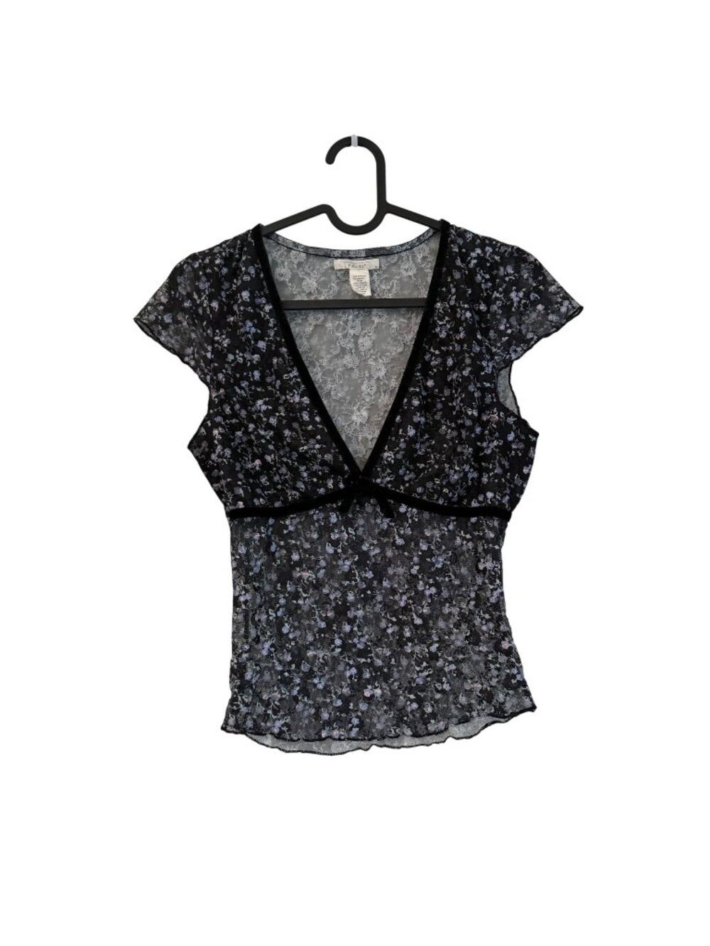 Full Tilt Black Floral Whimsigoth Fairy Grunge Mesh Vneck Babydoll Top Medium